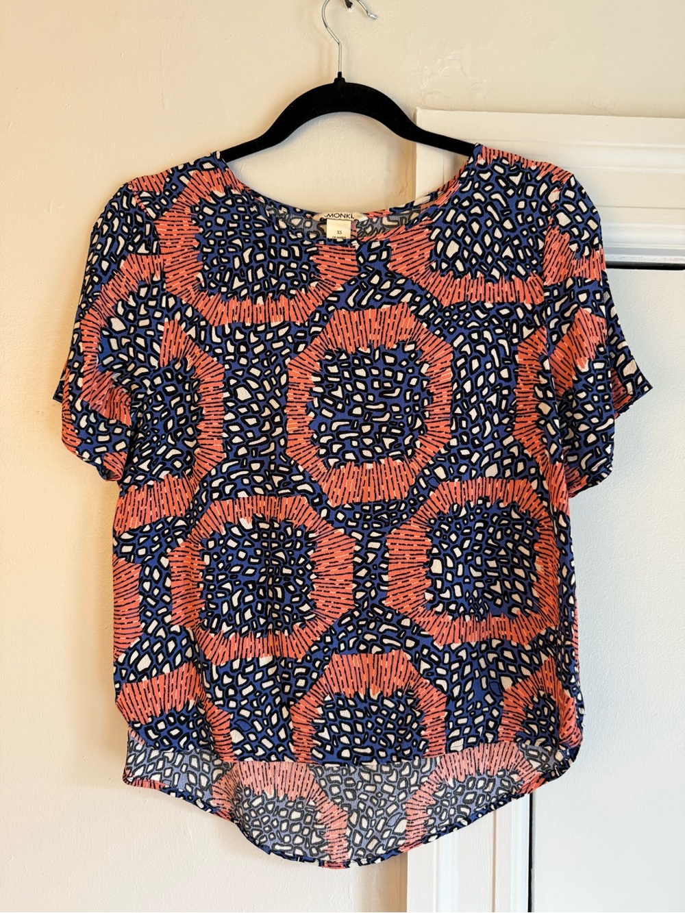 Monki Navy & Coral Geometric Short Sleeve Blouse